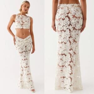 NWT Pepper Mayo Fiorella Floret Ruched Low Rise Maxi Skirt Ivory Womens Size 8